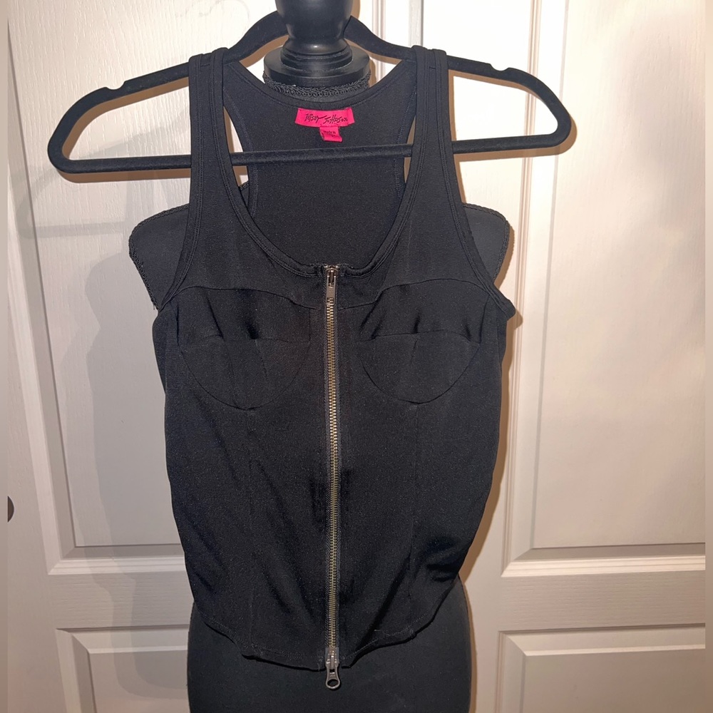 Betsey Johnson black zip front top.
